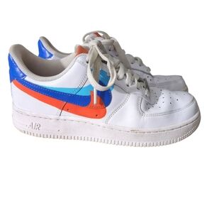 Nike Air Force 1 Low White Sneakers with Blue and Orange Accents Size 6.5